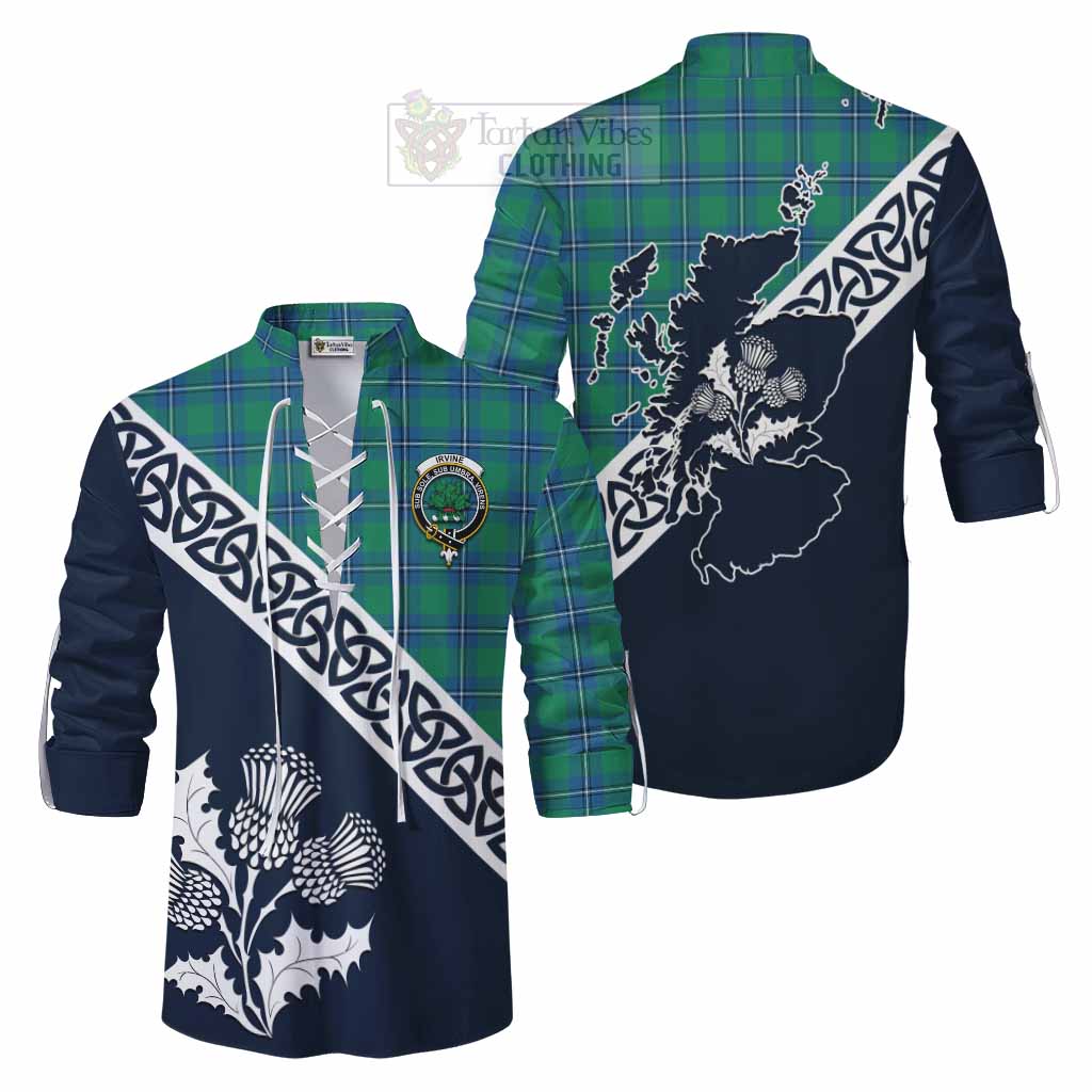 Tartan Vibes Clothing Irvine Tartan Ghillie Kilt Shirt Featuring Thistle and Scotland Map
