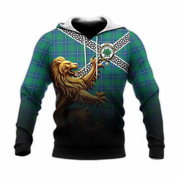 Irvine Crest Tartan Knitted Hoodie with Golden Lion Emblem Celtic Style