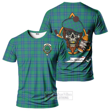 Irvine Tartan T-Shirt with Family Crest and Bearded Skull Holding Bottles of Whiskey