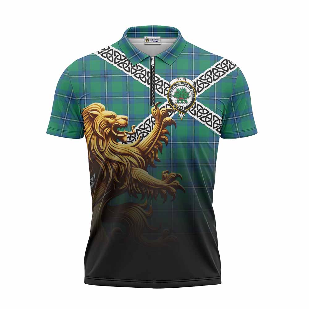 Tartan Vibes Clothing Irvine Crest Tartan Zipper Polo Shirt with Golden Lion Emblem Celtic Style