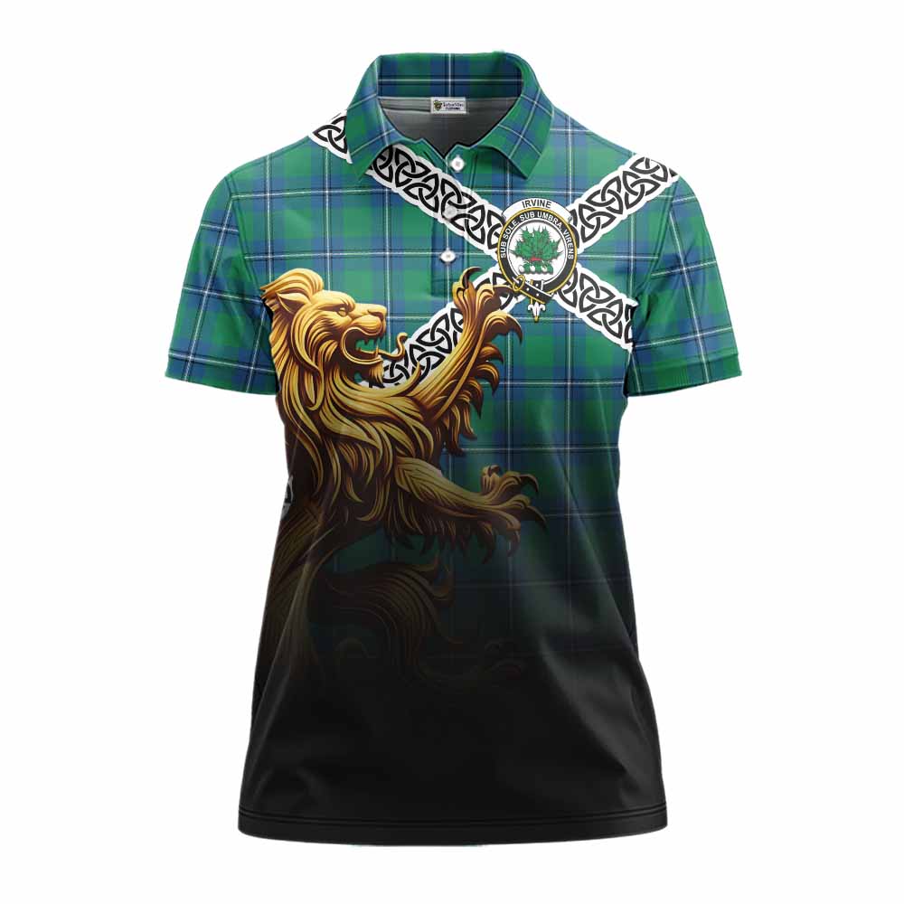 Tartan Vibes Clothing Irvine Crest Tartan Women's Polo Shirt with Golden Lion Emblem Celtic Style