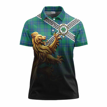 Tartan Vibes Clothing Irvine Crest Tartan Women's Polo Shirt with Golden Lion Emblem Celtic Style