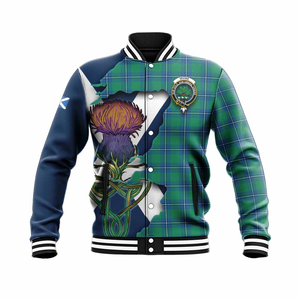 Tartan Vibes Clothing Irvine Tartan Family Crest Baseball Jacket Scottish Thistle Celtic Inspired