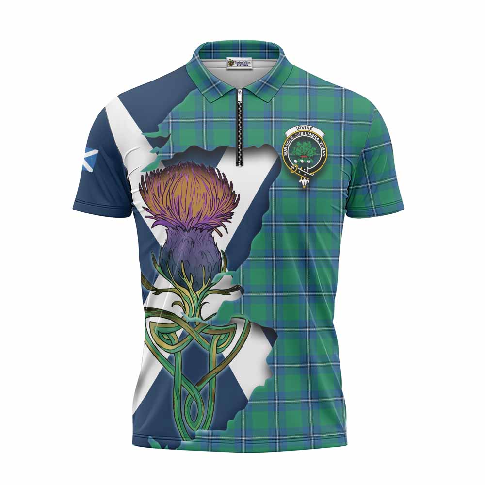 Tartan Vibes Clothing Irvine Tartan Family Crest Zipper Polo Shirt Scottish Thistle Celtic Inspired