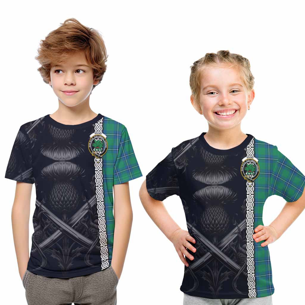 Tartan Vibes Clothing Irvine Tartan Kid T-Shirt with Family Crest Cross Sword Thistle Celtic Vibes