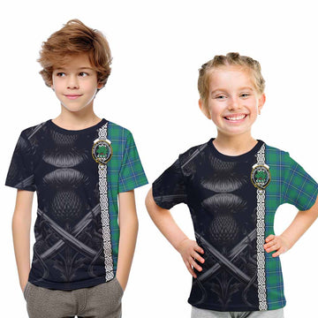 Tartan Vibes Clothing Irvine Tartan Kid T-Shirt with Family Crest Cross Sword Thistle Celtic Vibes