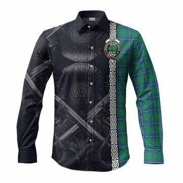 Tartan Vibes Clothing Irvine Tartan Long Sleeve Button Shirt with Family Crest Cross Sword Thistle Celtic Vibes
