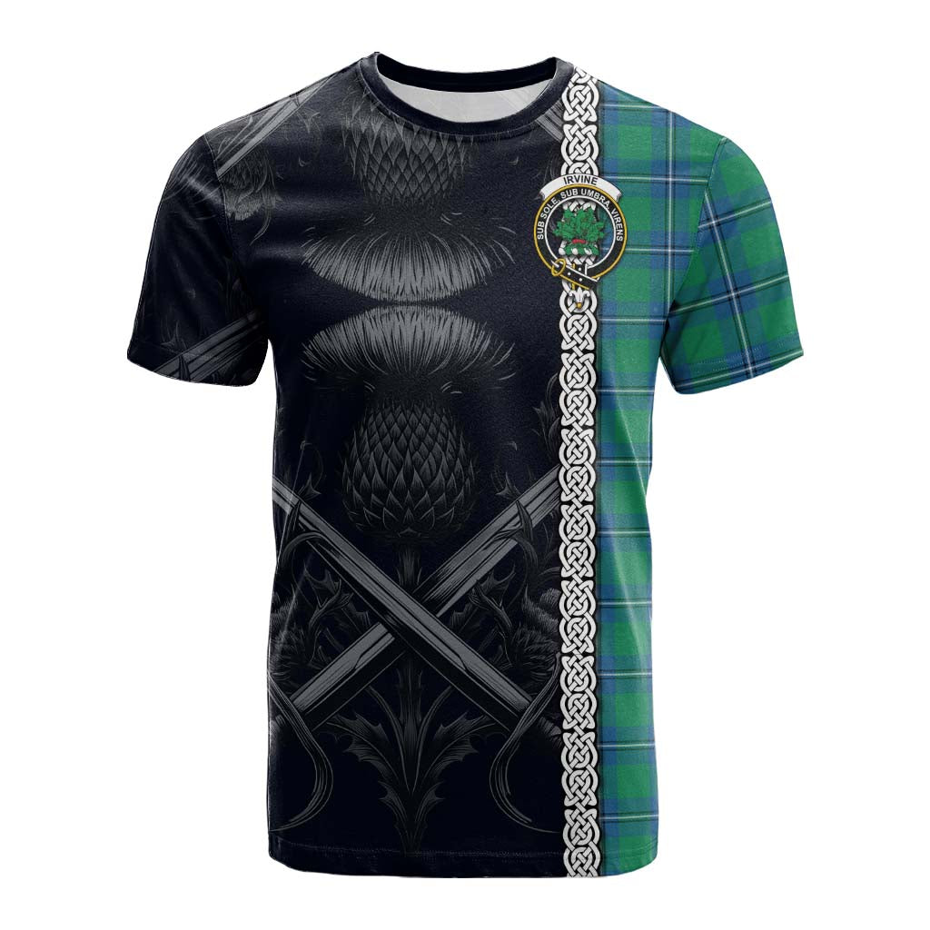 Tartan Vibes Clothing Irvine Tartan Cotton T-shirt with Family Crest Cross Sword Thistle Celtic Vibes