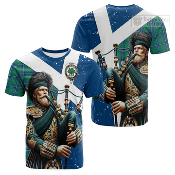 Irvine Tartan Cotton T-shirt with Family Crest Scottish Bagpiper Vibes