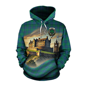 Irvine Tartan Family Crest Cotton Hoodie with Scottish Ancient Castle Style