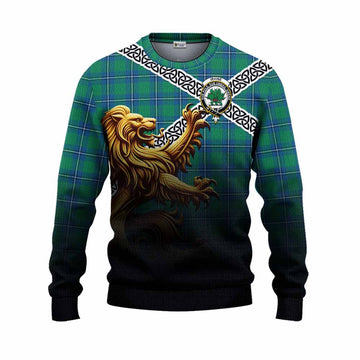 Irvine Crest Tartan Knitted Sweater with Golden Lion Emblem Celtic Style