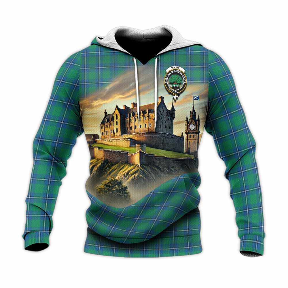 Tartan Vibes Clothing Irvine Tartan Family Crest Knitted Hoodie with Scottish Ancient Castle Style