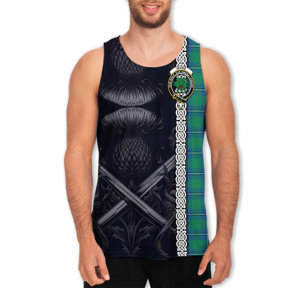 Tartan Vibes Clothing Irvine Tartan Men's Tank Top with Family Crest Cross Sword Thistle Celtic Vibes