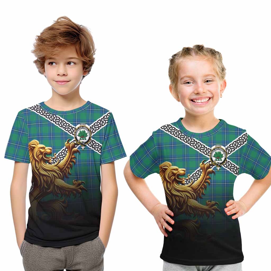 Tartan Vibes Clothing Irvine Crest Tartan Kid T-Shirt with Golden Lion Emblem Celtic Style