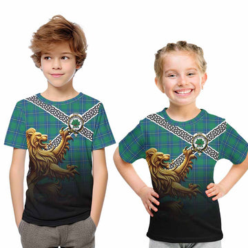 Irvine Crest Tartan Kid T-Shirt with Golden Lion Emblem Celtic Style