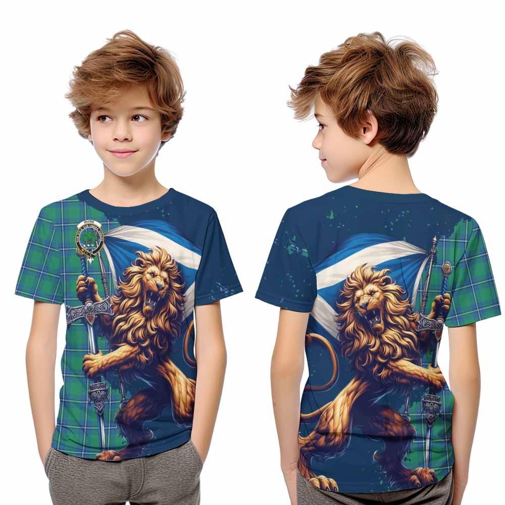 Tartan Vibes Clothing Irvine Tartan Family Crest Kid T-Shirt with Scottish Majestic Lion