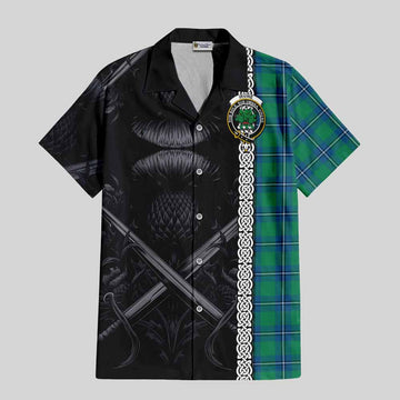 Tartan Vibes Clothing Irvine Tartan Short Sleeve Button Shirt with Family Crest Cross Sword Thistle Celtic Vibes