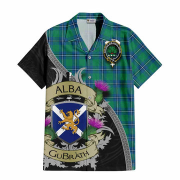 Tartan Vibes Clothing Irvine Tartan Family Crest Short Sleeve Button Shirt Lion Rampant Royal Thistle Shield Celtic Inspired