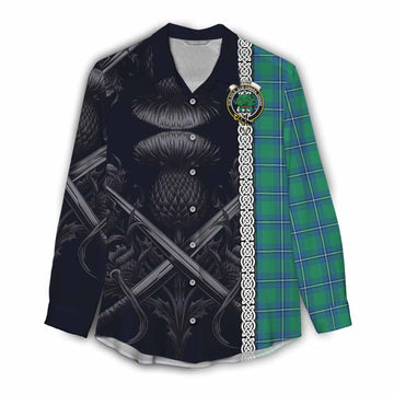 Tartan Vibes Clothing Irvine Tartan Women's Casual Shirt with Family Crest Cross Sword Thistle Celtic Vibes