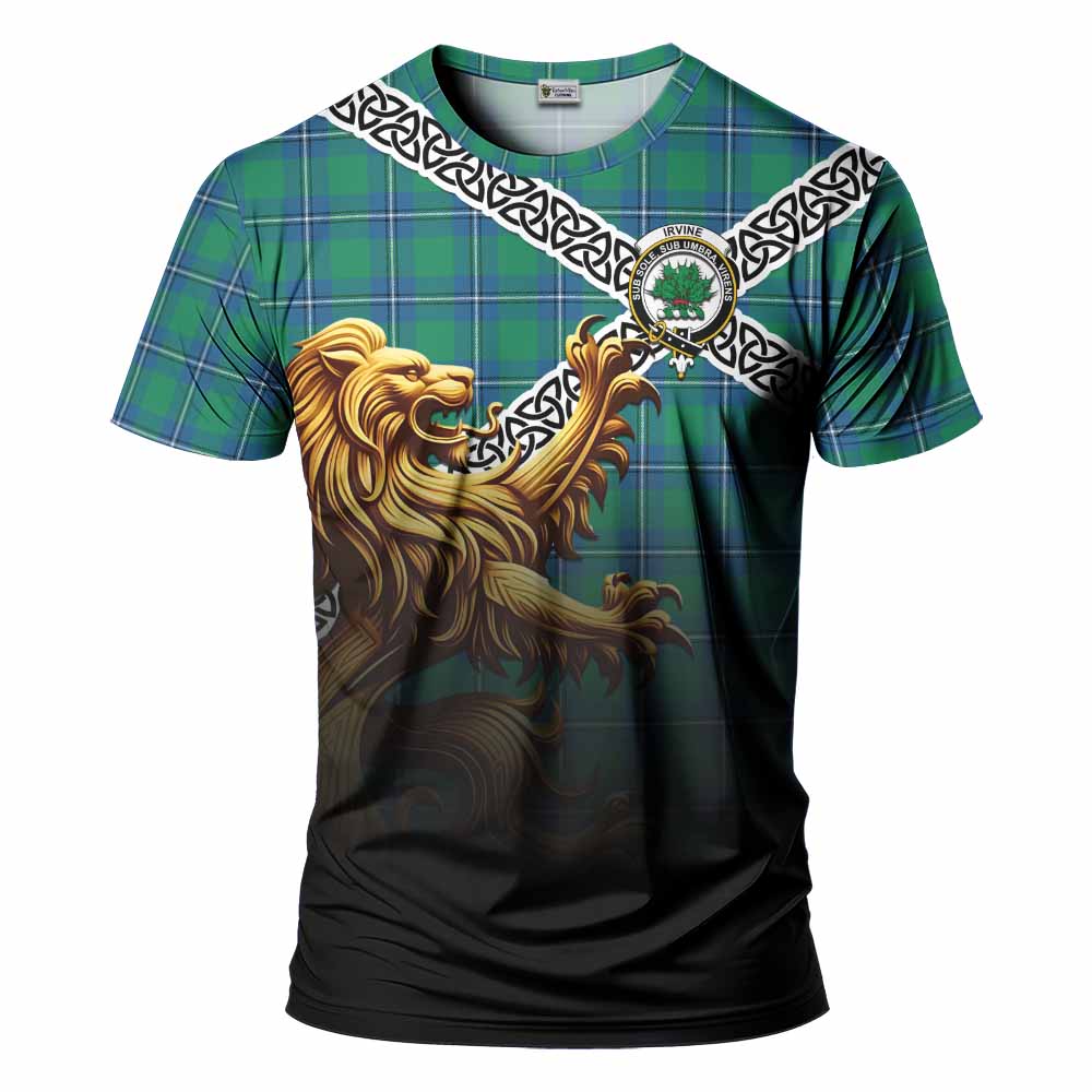 Tartan Vibes Clothing Irvine Crest Tartan T-Shirt with Golden Lion Emblem Celtic Style
