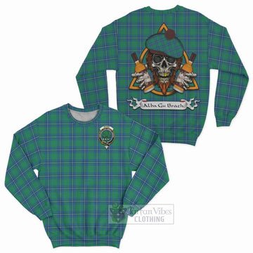 Tartan Vibes Clothing Irvine Tartan Sweatshirt with Family Crest and Bearded Skull Holding Bottles of Whiskey