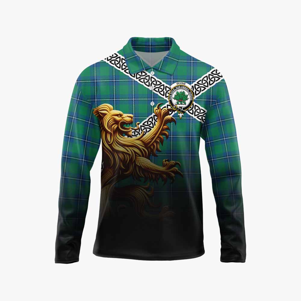 Tartan Vibes Clothing Irvine Crest Tartan Long Sleeve Polo Shirt with Golden Lion Emblem Celtic Style