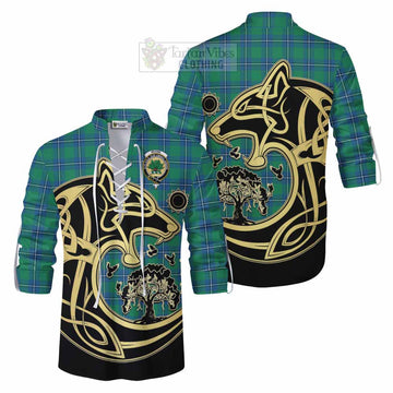 Tartan Vibes Clothing Irvine Tartan Ghillie Kilt Shirt with Family Crest Celtic Wolf Style