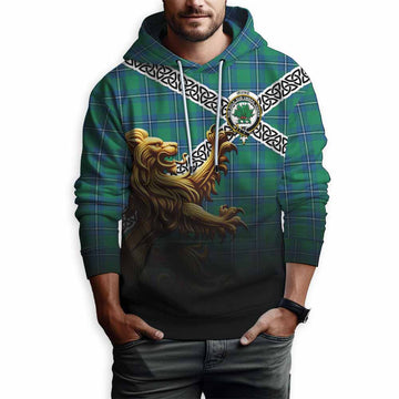 Irvine Crest Tartan Hoodie with Golden Lion Emblem Celtic Style
