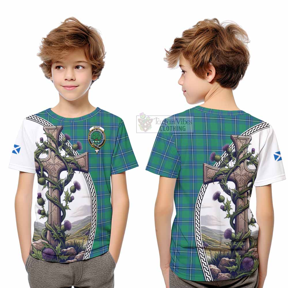 Tartan Vibes Clothing Irvine Tartan Kid T-Shirt with Family Crest and St. Andrew's Cross Accented by Thistle Vines