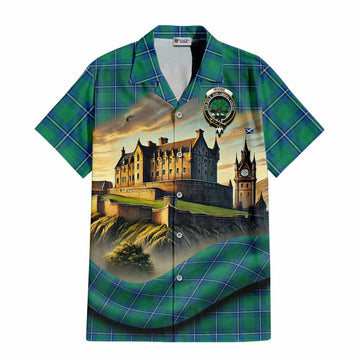 Tartan Vibes Clothing Irvine Tartan Family Crest Short Sleeve Button Shirt with Scottish Ancient Castle Style