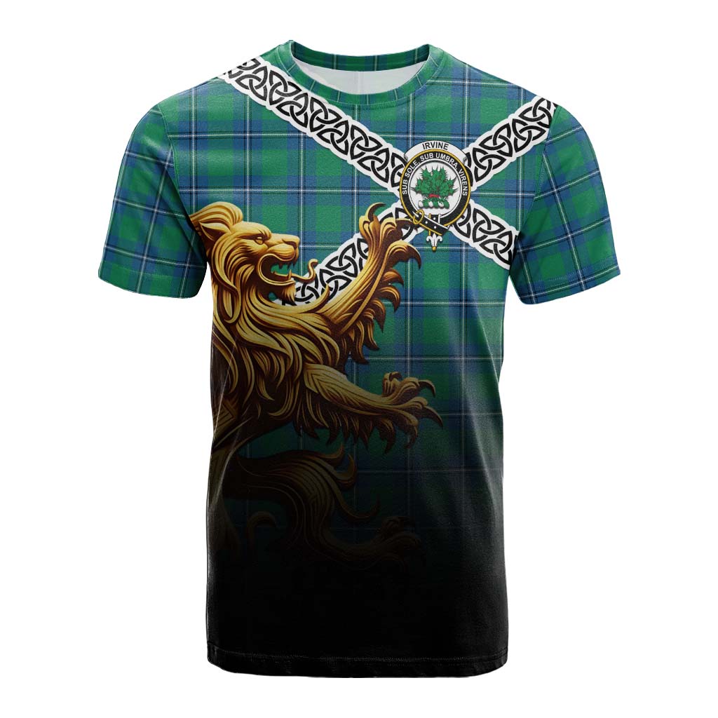Tartan Vibes Clothing Irvine Crest Tartan Cotton T-shirt with Golden Lion Emblem Celtic Style