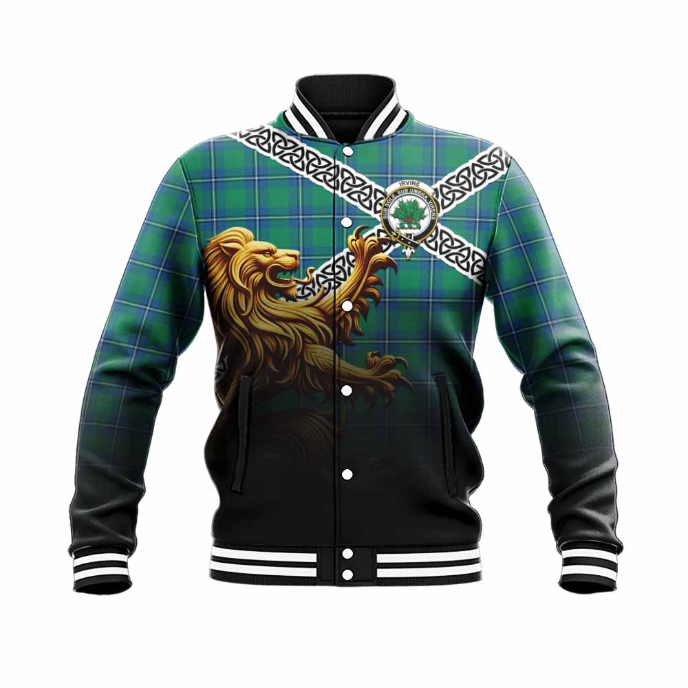 Tartan Vibes Clothing Irvine Crest Tartan Baseball Jacket with Golden Lion Emblem Celtic Style