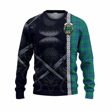 Tartan Vibes Clothing Irvine Tartan Knitted Sweater with Family Crest Cross Sword Thistle Celtic Vibes