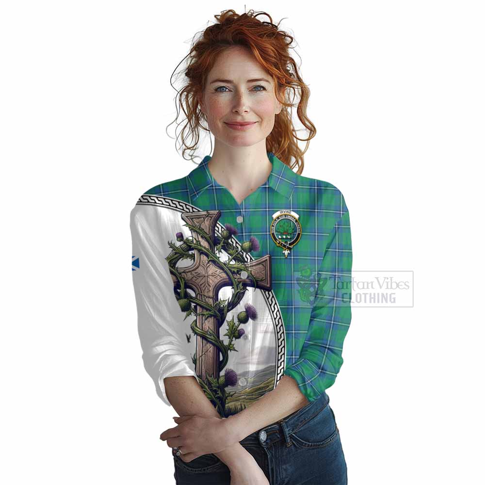 Tartan Vibes Clothing Irvine Tartan Women's Casual Shirt with Family Crest and St. Andrew's Cross Accented by Thistle Vines