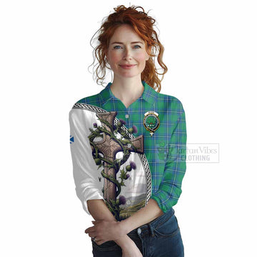 Tartan Vibes Clothing Irvine Tartan Women's Casual Shirt with Family Crest and St. Andrew's Cross Accented by Thistle Vines