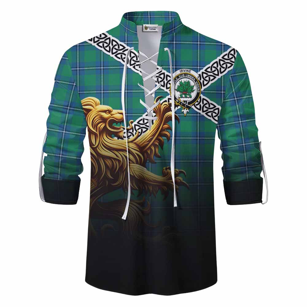 Tartan Vibes Clothing Irvine Crest Tartan Ghillie Kilt Shirt with Golden Lion Emblem Celtic Style