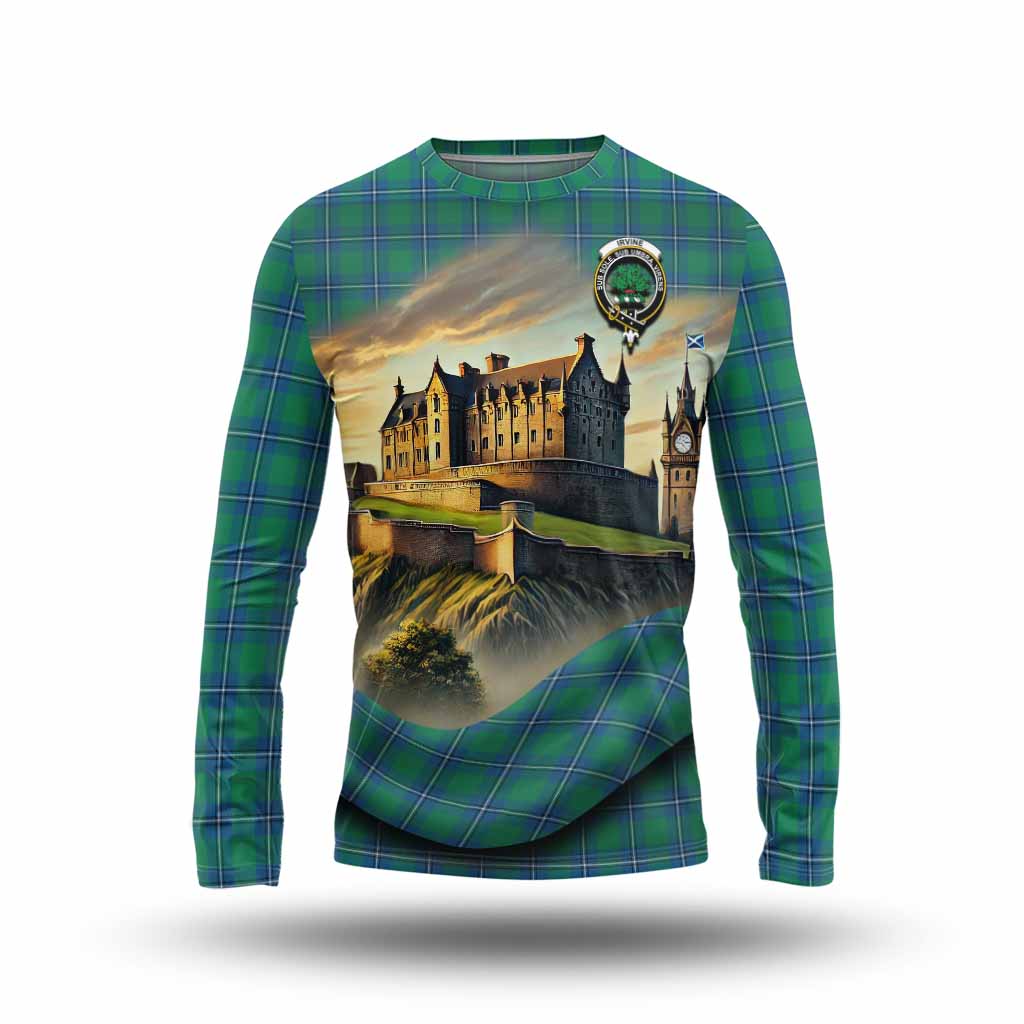 Tartan Vibes Clothing Irvine Tartan Family Crest Long Sleeve T-Shirt with Scottish Ancient Castle Style