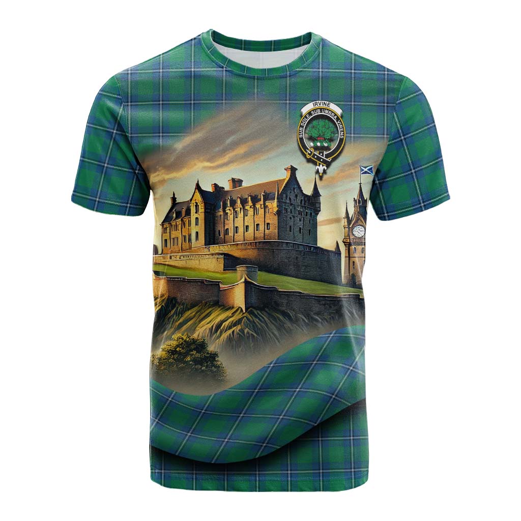 Tartan Vibes Clothing Irvine Tartan Family Crest Cotton T-shirt with Scottish Ancient Castle Style