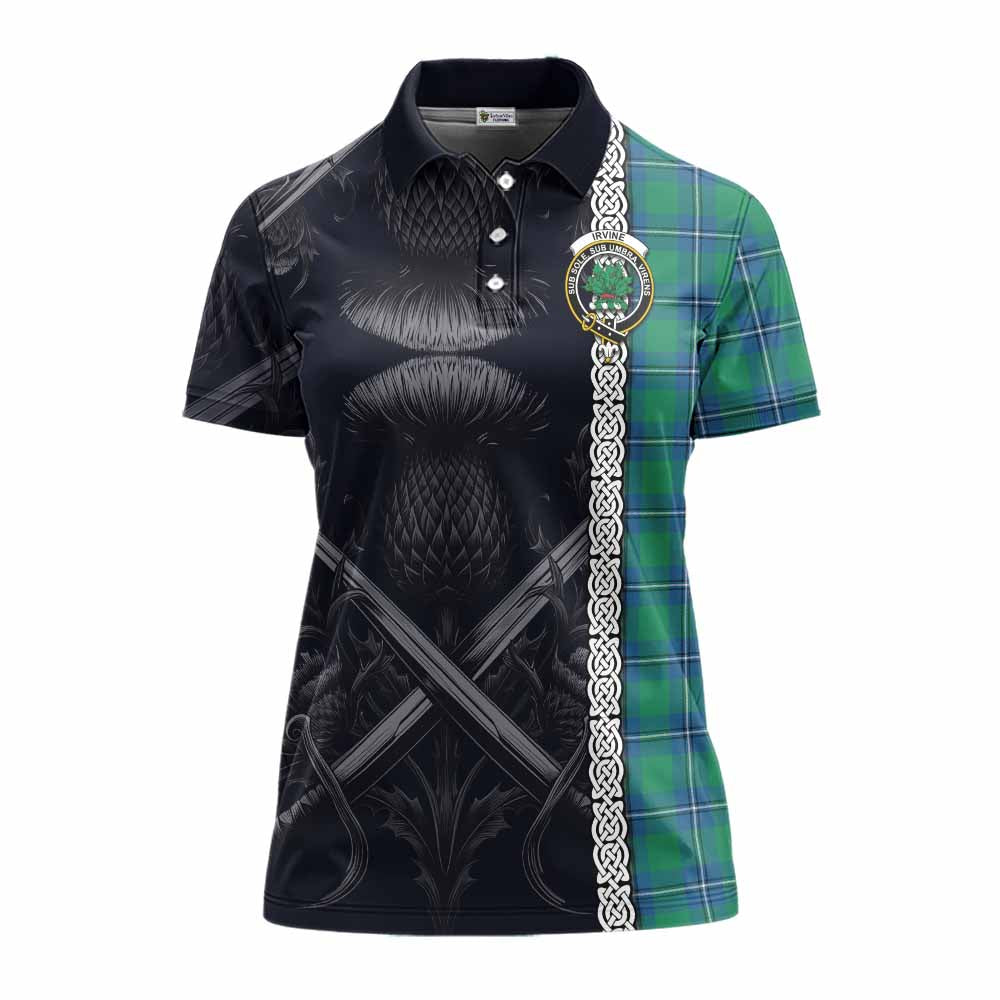 Tartan Vibes Clothing Irvine Tartan Women's Polo Shirt with Family Crest Cross Sword Thistle Celtic Vibes