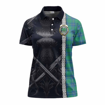 Tartan Vibes Clothing Irvine Tartan Women's Polo Shirt with Family Crest Cross Sword Thistle Celtic Vibes