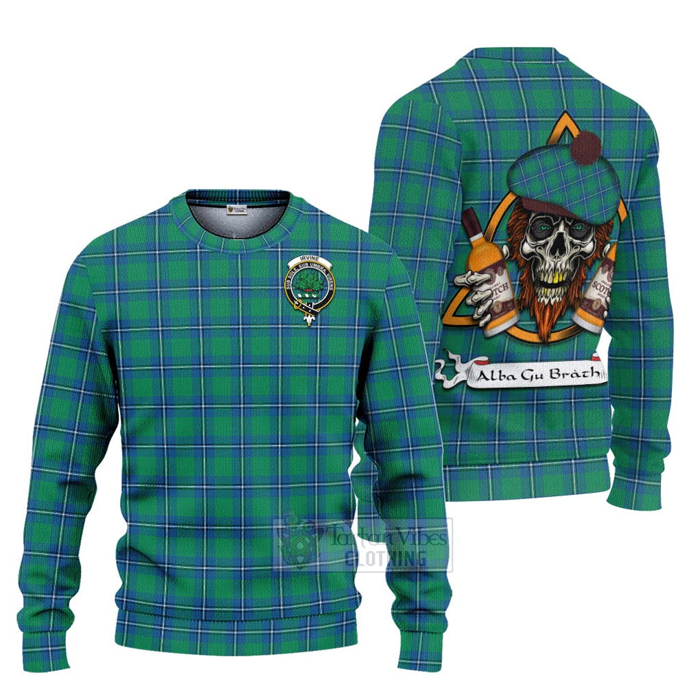 Tartan Vibes Clothing Irvine Tartan Knitted Sweater with Family Crest and Bearded Skull Holding Bottles of Whiskey