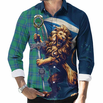 Tartan Vibes Clothing Irvine Tartan Family Crest Long Sleeve Button Shirt with Scottish Majestic Lion