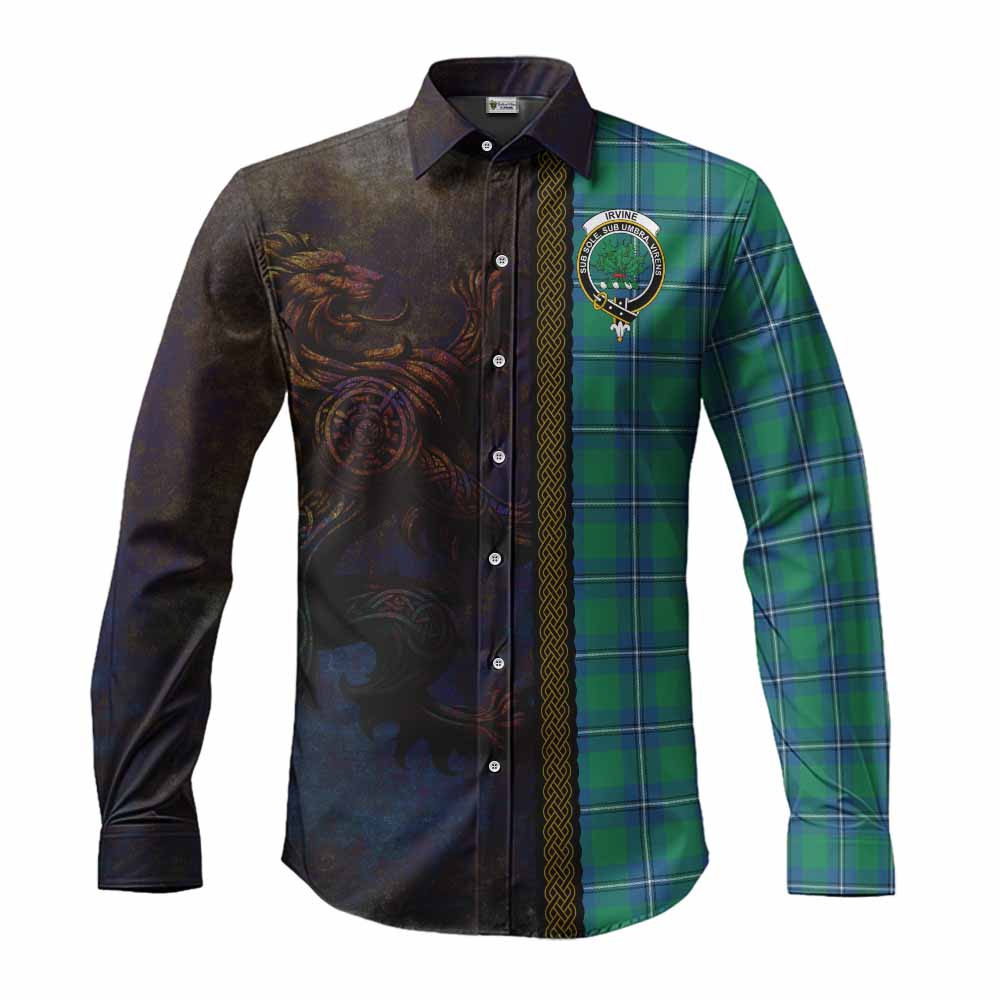 Tartan Vibes Clothing Irvine Tartan Family Crest Long Sleeve Button Shirt Alba Gu Brath Be Brave Lion Ancient Style