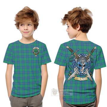 Tartan Vibes Clothing Irvine Tartan Kid T-Shirt with Family Crest Celtic Skull Style