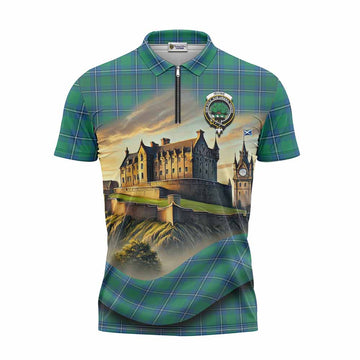 Irvine Tartan Family Crest Zipper Polo Shirt with Scottish Ancient Castle Style