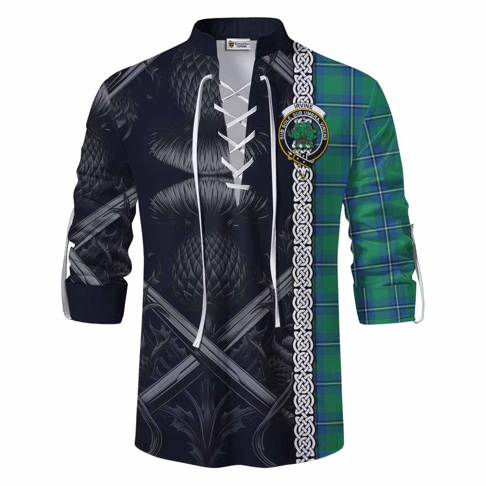 Tartan Vibes Clothing Irvine Tartan Ghillie Kilt Shirt with Family Crest Cross Sword Thistle Celtic Vibes