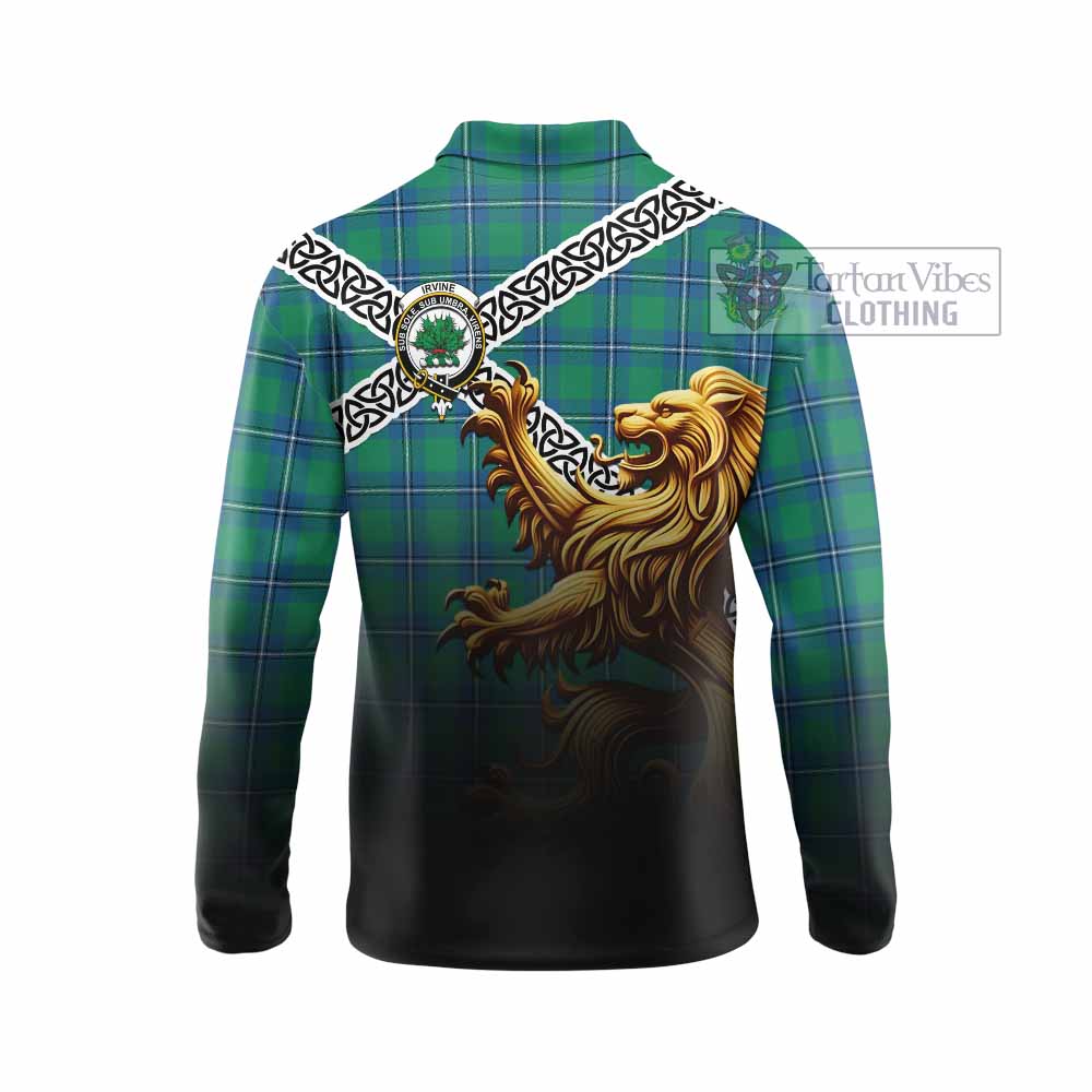 Tartan Vibes Clothing Irvine Crest Tartan Long Sleeve Polo Shirt with Golden Lion Emblem Celtic Style