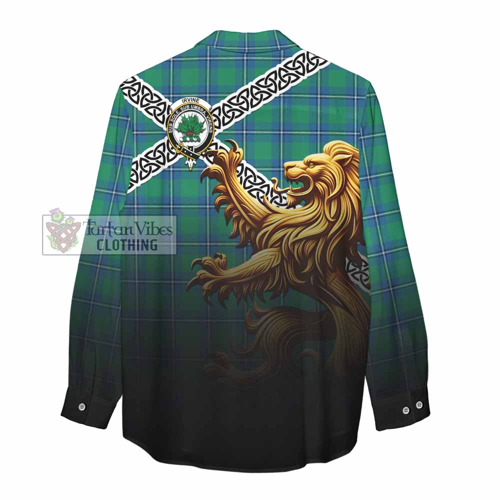 Tartan Vibes Clothing Irvine Crest Tartan Women's Casual Shirt with Golden Lion Emblem Celtic Style