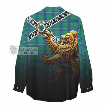 Tartan Vibes Clothing Irvine Crest Tartan Women's Casual Shirt with Golden Lion Emblem Celtic Style