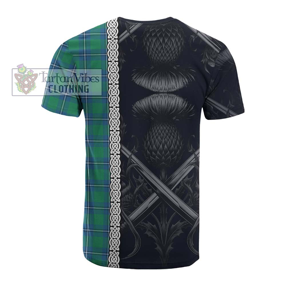 Tartan Vibes Clothing Irvine Tartan Cotton T-shirt with Family Crest Cross Sword Thistle Celtic Vibes